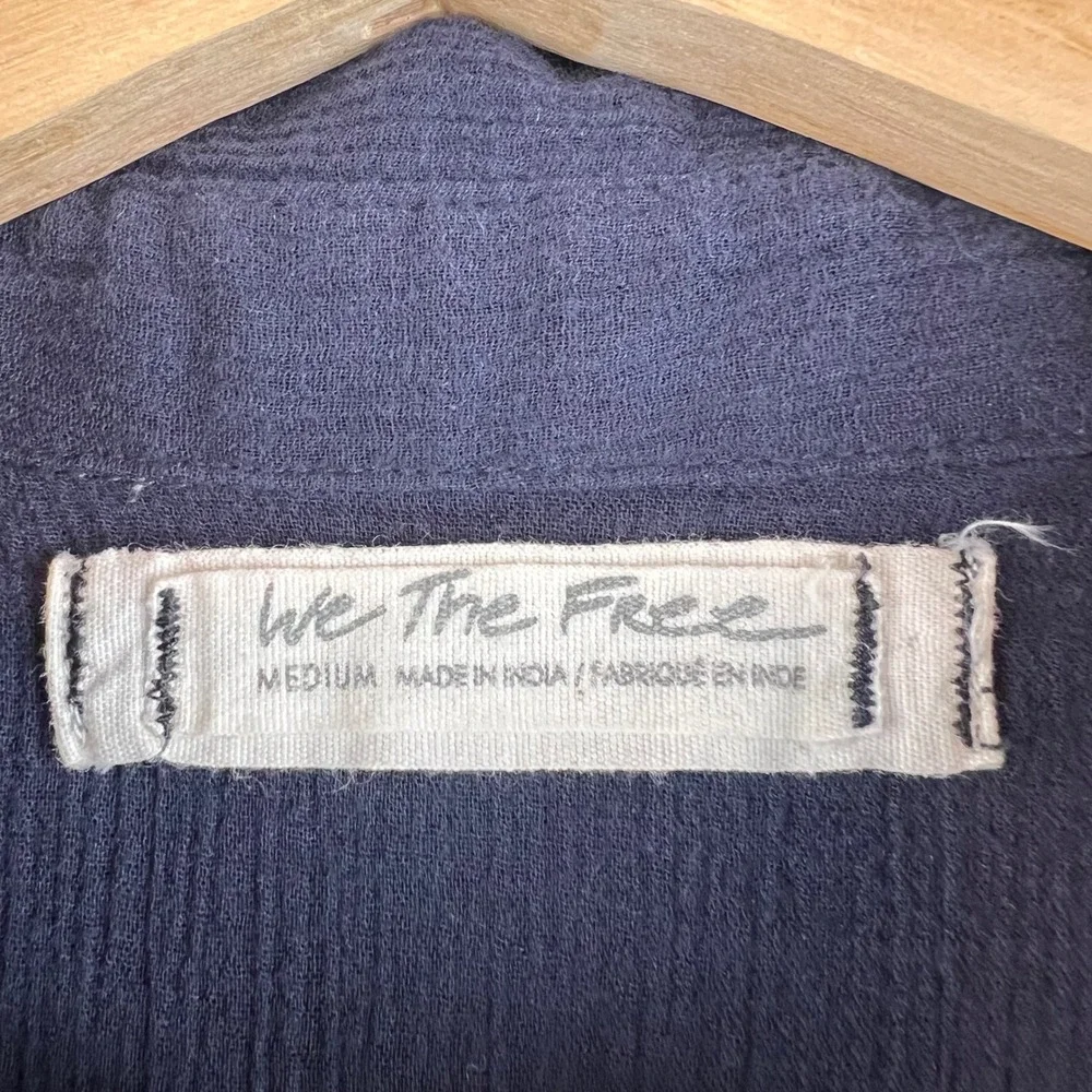 We The Free Free People Navy Blue Lace Pintuck Gauze Button Down Tunic Top M